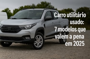 Imagem de capa com picape prata estacionada em estrada de terra, título “Carro utilitário usado: 7 m