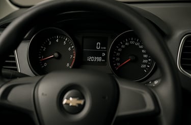 Painel de carro com odômetro acima de 100.000 km, volante parcialmente visível e iluminação realista