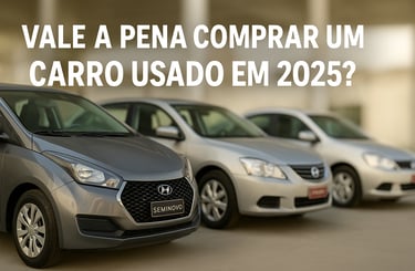 Três carros seminovos em pátio de revenda com fundo desfocado e placa “Seminovo” discreta visível.