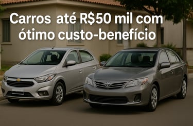 Chevrolet Onix 2019 e Toyota Corolla 2014 estacionados em rua residencial, com frase sobre custo-ben