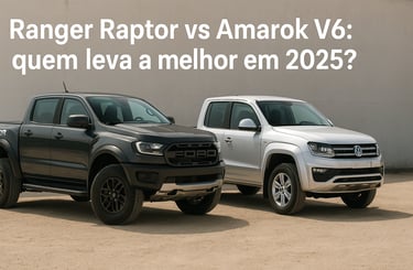 Ford Ranger Raptor cinza e VW Amarok V6 prata lado a lado em ambiente externo neutro.