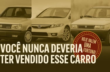 Montagem em tom sépia com três carros clássicos brasileiros — Volkswagen Gol GTI, Honda Civic Si (ge