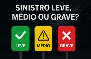 Imagem com fundo escuro mostrando um carro danificado ao fundo e três placas coloridas em destaque n