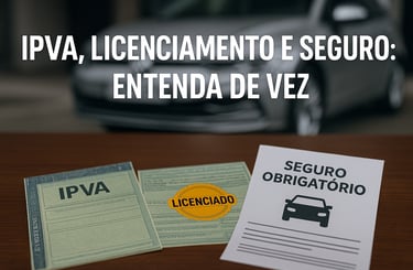 Três documentos sobre uma mesa de madeira — à esquerda, papel verde com “IPVA”; ao centro, documento
