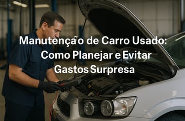 Mecânico inspecionando o motor de um carro usado em uma oficina, com texto "Manutenção de Carro Usad