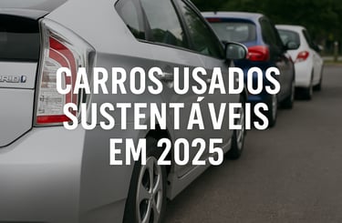 Toyota Prius prateado estacionado com outros carros ao fundo e texto “Carros usados sustentáveis em 