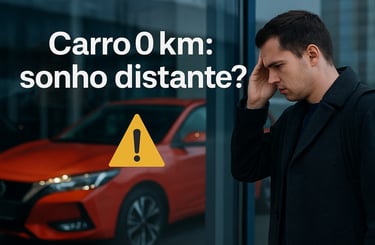 Homem com expressão de frustração encostado em uma vitrine de concessionária, observando um carro 0