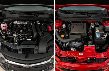 Comparativo entre os motores do Fiat Cronos e Chevrolet Onix Plus lado a lado.