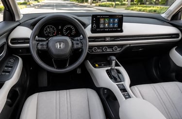 Interior do Honda ZR-V Touring com painel, central multimídia e cabine em visão frontal