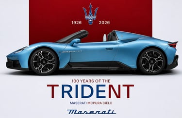 Maserati 100 anos com MCPura Cielo e logo Tridente campanha oficial 2026