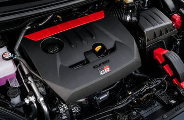 Motor Toyota 1.6 turbo 3 cilindros GR com detalhes de alta performance e engenharia