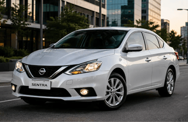 Nissan Sentra 2017 em ângulo 3/4 com fundo urbano moderno e visual elegante