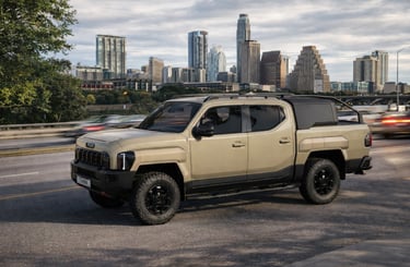 nova picape da Kia Tasman 2026 em ambiente urbano competindo com Toyota e Ford