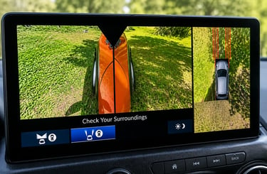 Painel automotivo com câmera 360° exibindo visão ampla para reduzir pontos cegos.