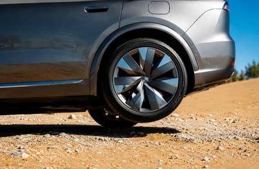 Roda de SUV elétrico da BYD suspensa durante teste de tecnologia off-road