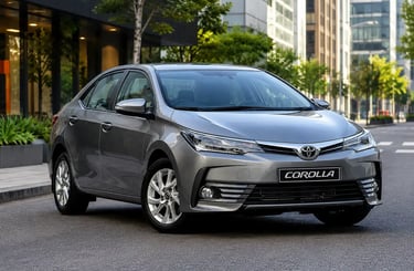 Toyota Corolla cinza estacionado em cenário urbano moderno.