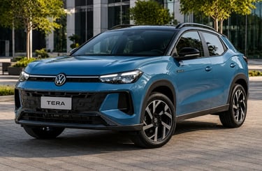 Volkswagen Tera azul estacionado em cenário urbano moderno.