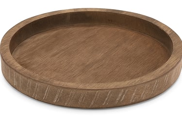A round wooden serving tray with a raised edge and smooth natural wood grain finish, on white back