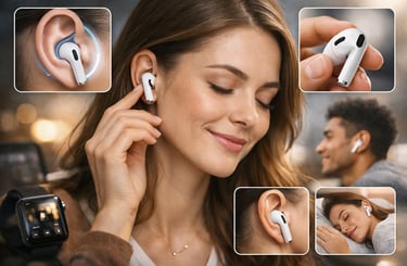 mulher com conforto encaixe do fone airpods 