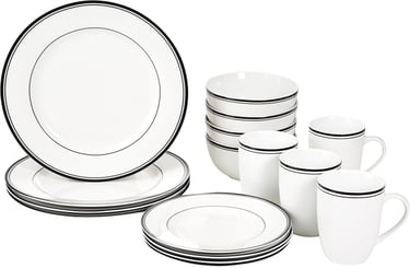 a set of white dinnerware with black and white stripes