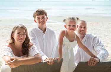 Family posing together on Khem Beach in Phu Quoc