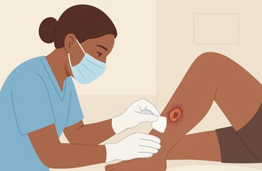 a medical professional inspecting a leg wound for infection