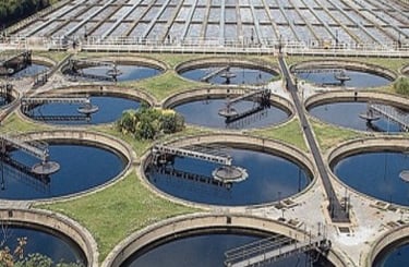 A water purification facility showing the carbon filtration ponds