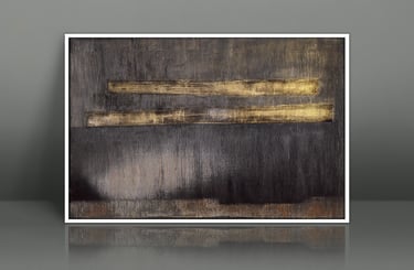 Modern abstract wall art with textured black vertical lines and gold horizontal strokes.
