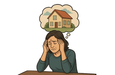Stressed woman worrying about house ownership or home mortgage foreclosure in alberta.