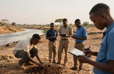 Wide candid shot of a small team of young African researchers doing field work outdoors, one taking soil samples beside a dry riverbed, another recording data on a tablet, golden-hour light, dry savanna landscape in background