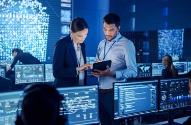 Two IT professionals using a tablet to monitor data in a modern network security operations center.