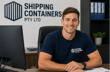 A smiling employee at Shipping Containers Pty Ltd sitting at a desk in a professional office.