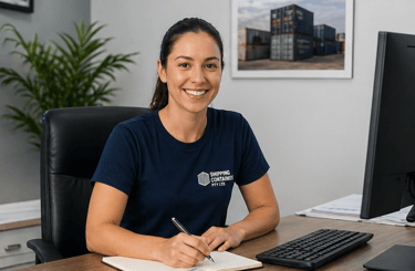 Smiling female shipping container specialist working at her desk with a notepad and computer.