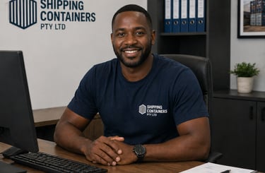 Smiling male logistics manager at Shipping Containers Pty Ltd desk with computer and documents.