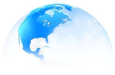 A 3D blue earth globe showing North America and global connectivity concepts on a white background.