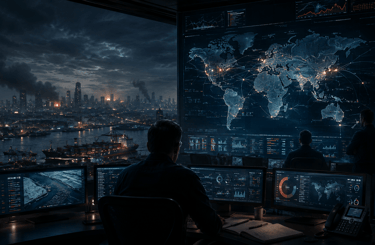 A global security operations center monitoring a digital world map and city surveillance data.