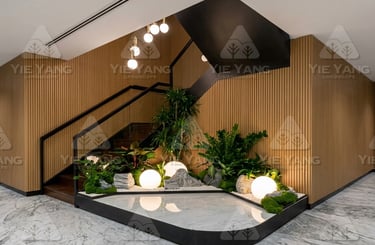 Indoor staircase garden feature with sphere lights – Yie Yang Landscape, Malaysia