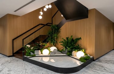 Indoor staircase garden feature with sphere lights – Yie Yang Landscape, Malaysia