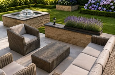 Modern backyard patio with wicker furniture, a stone water fountain, and lavender planters.