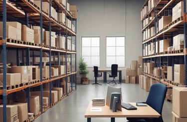 A sleek, modern office desk with a laptop, phone, and a cup of coffee, bathed in natural light.