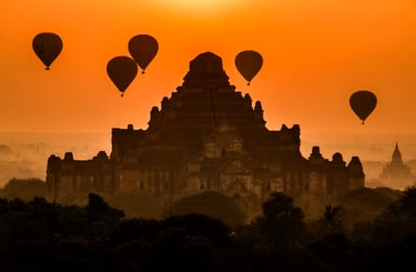 Hot air balloons tours provide a unique perspective at sunrise over the ancient temples of Bagan