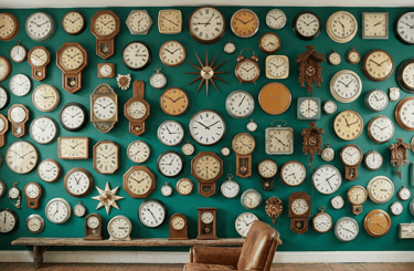 a green wall of clocks of different types, sizes and styles