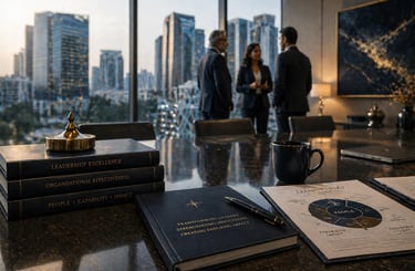 Business executives discussing leadership excellence in a modern office overlooking a city skyline.