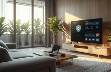 Modern luxury living room with smart TV, laptop, tablet, smartphone and gaming console protected by unified security suite