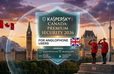 Kaspersky 2026 cybersecurity for English users in Canada. Large holographic shield over CN Tower and Rocky Mountains scenery.