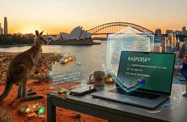 Aussie balcony: Kaspersky laptop unites Sydney Opera House, Harbour Bridge, and Outback desert with kangaroo.
