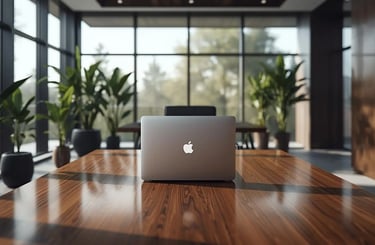 Luxury macOS security setup with premium MacBook and visible Apple logo in a modern executive office