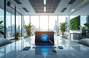 Modern VPN and network privacy workspace with laptop shield icon, fingerprint scan, and secure high-tech office environment.