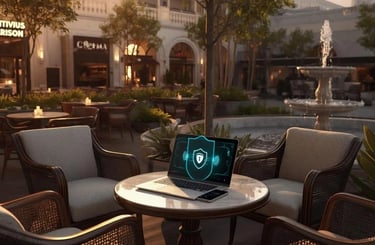 High-end café terrace with laptop on public Wi-Fi, neon shield security, urban environment and antivirus protection concept