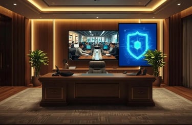 Luxury executive office with mahogany desk, warm lighting and wall frame displaying a blue cybersecurity shield symbol